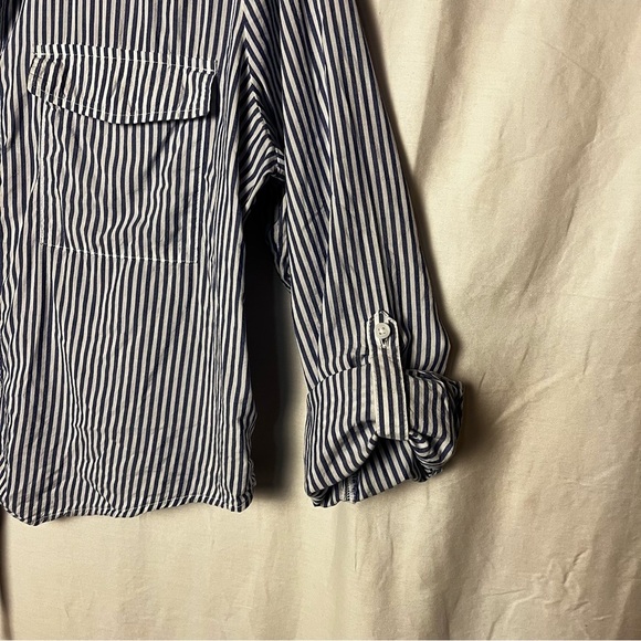 BeachLunchLounge | Blue Striped Boxy Button Front Tie Waist Top, XL - Picture 4 of 7